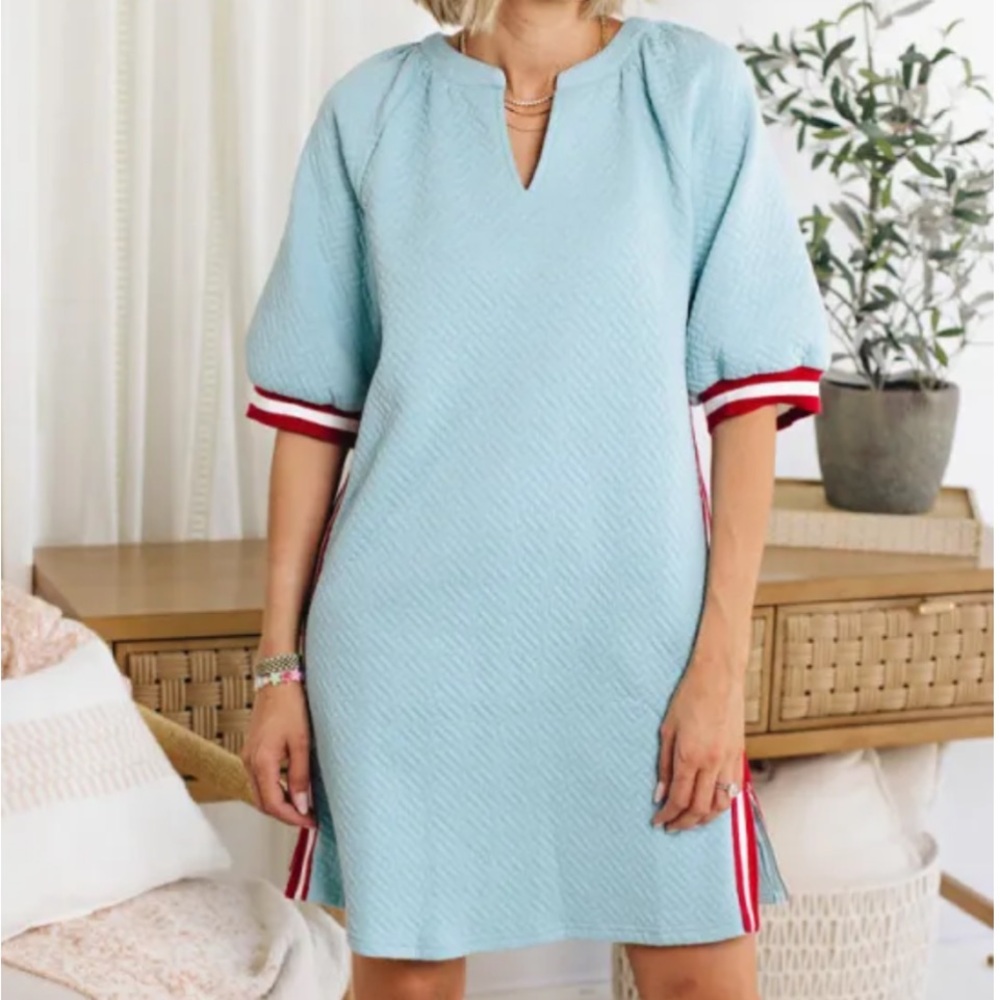Rurukala size S Sporty Knit Stripe Accented Dress, Clear Blue